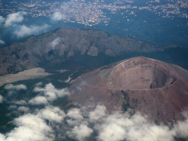 Mt. Vesuvius near Naples, Italy, seen from the air. This volcano is famous for its eruption that destroyed the ancient city of Pompeii.