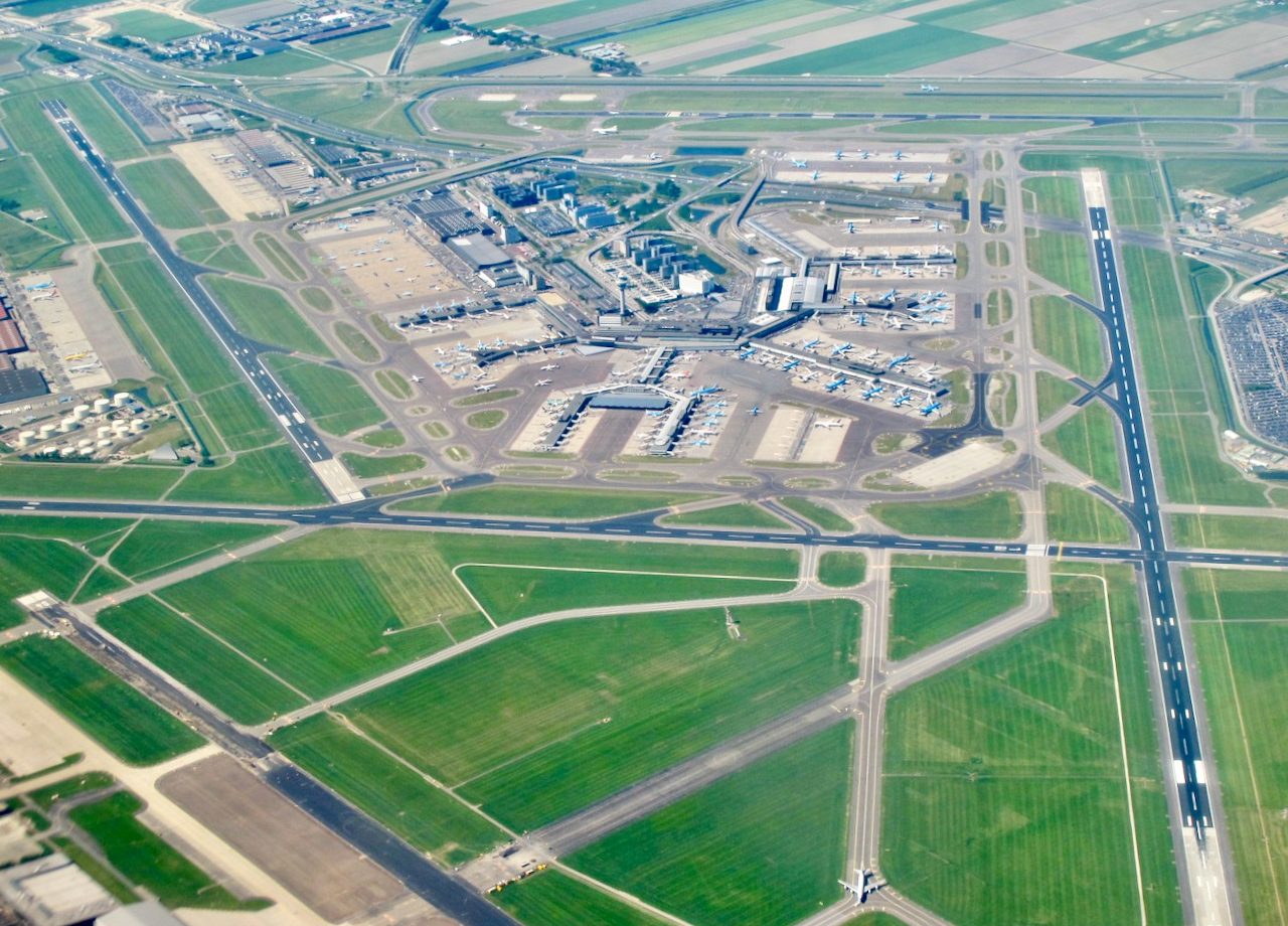 Aerial view of Amsterdam Airport Schiphol from a plane window