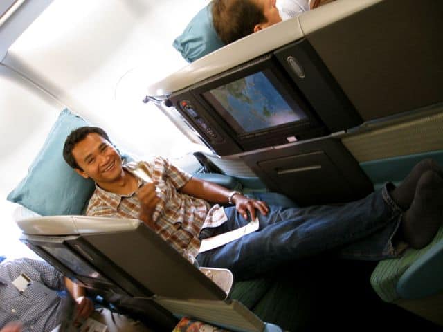 In cathay Pacific's Business Class cabin, screen separate each passenger.